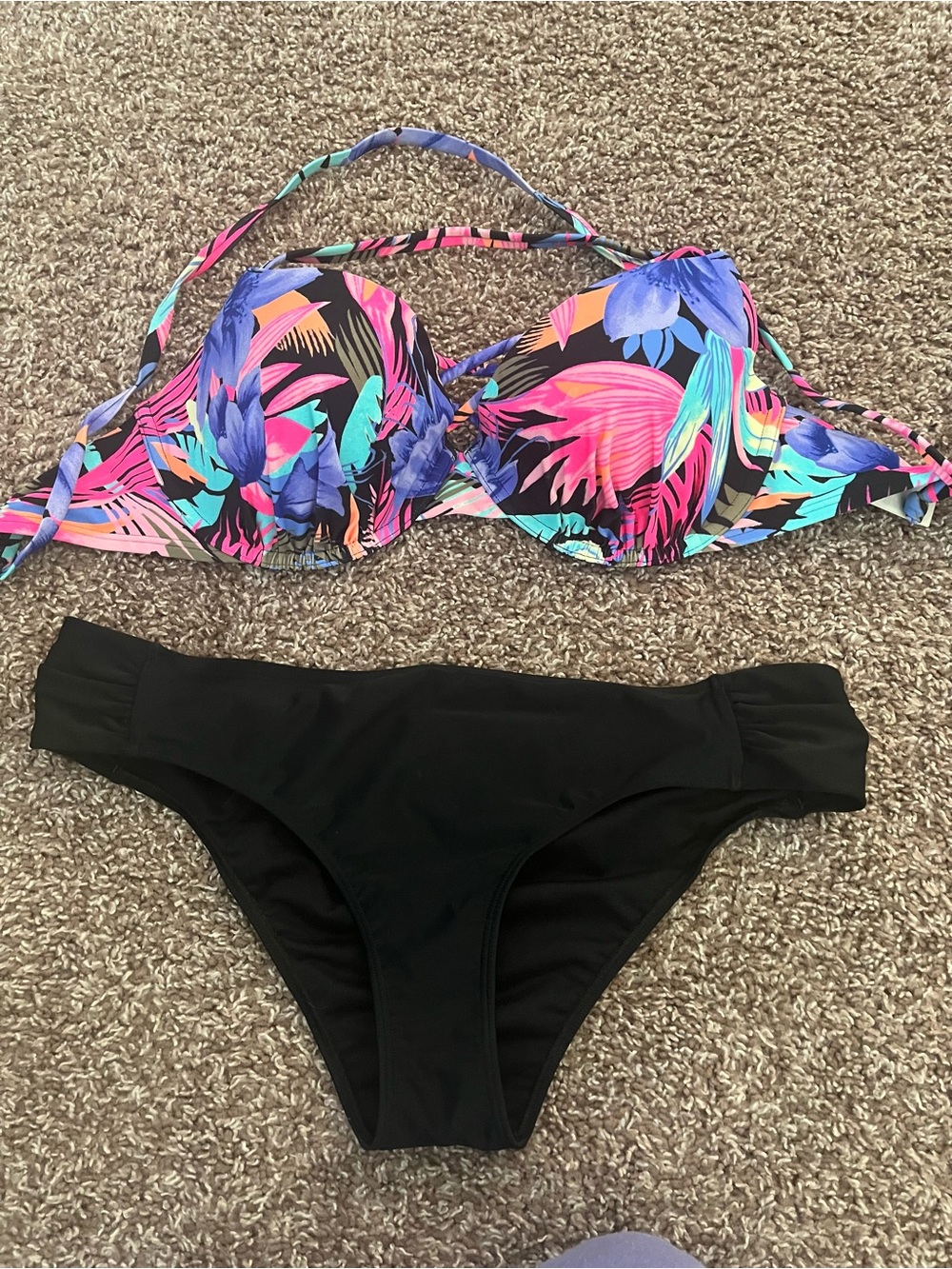 Hollister Tropical Multi-Color Push-Up Bikini with Black Bottoms